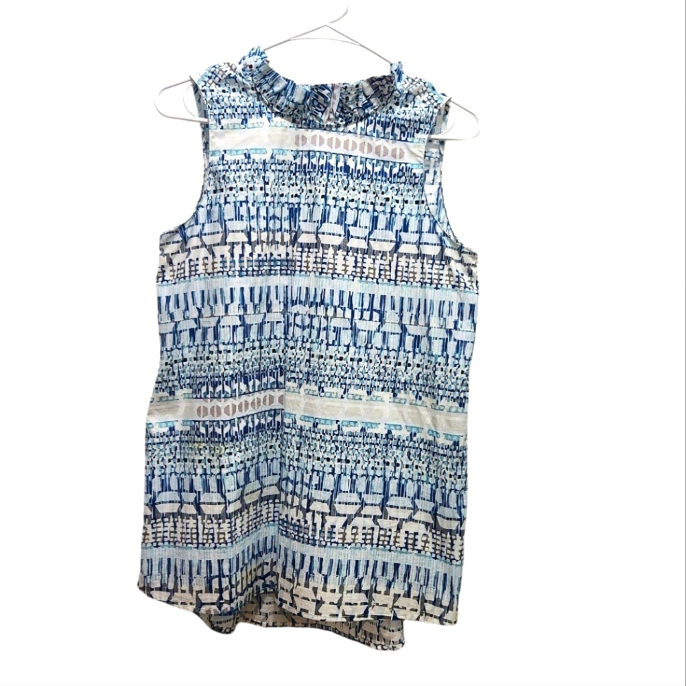 Tyler Boe Claudette Cotton Poplin Sleeveless Top Size S Blue Gray Geo Abstract